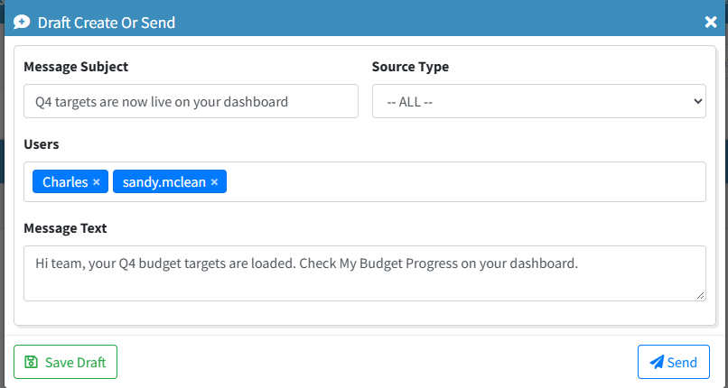The notification dialog with Message Subject, Source Type, Users and Message Text fields filled in, and a Send button.