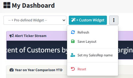 The dashboard actions menu open, listing Refresh, Save Layout, Set my SalesRep name, Choose a starting layout and Reset, with Reset shown in red.