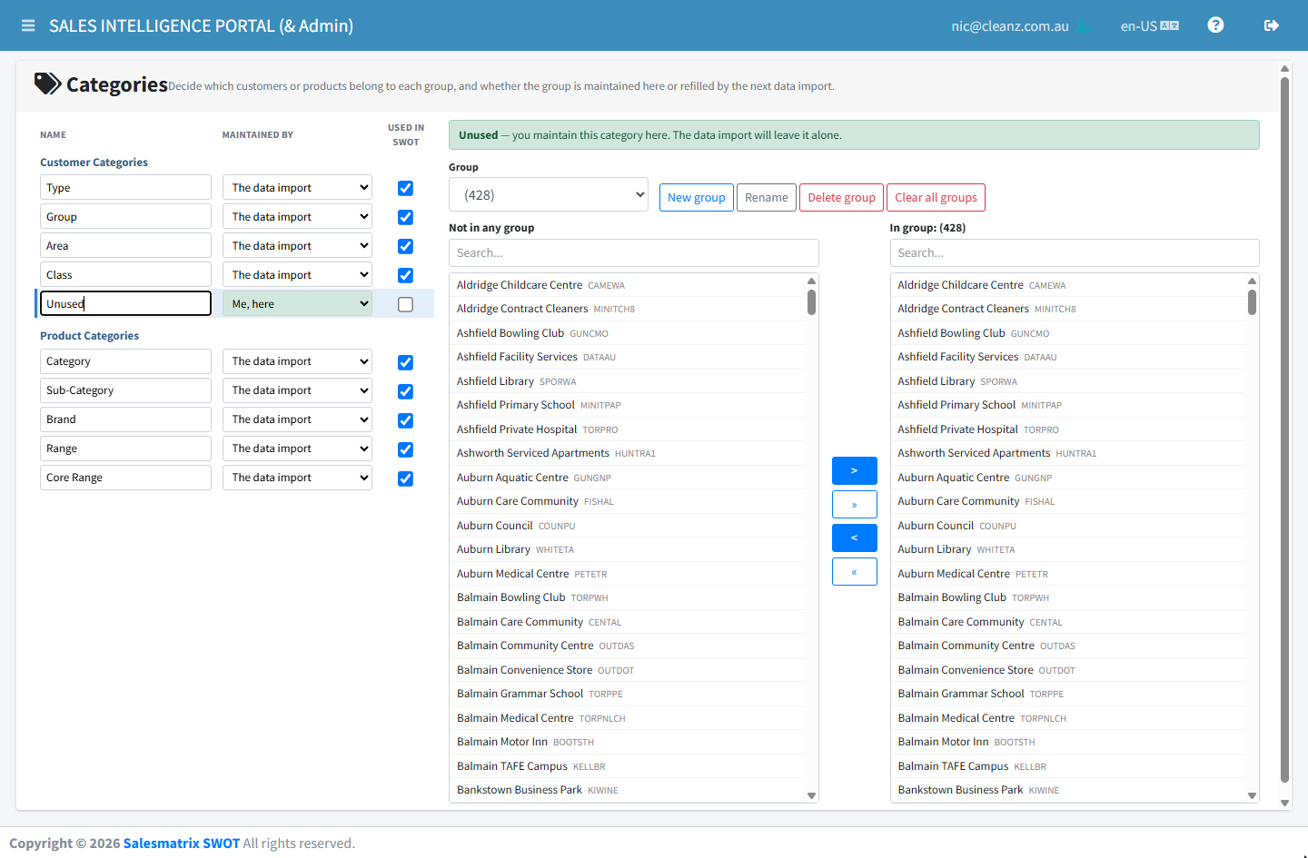 The group editor: a group drop-down with New group, Rename and Delete buttons, and two lists side by side, unallocated on the left and the selected group on the right, with arrow buttons between them and a search box above each.
